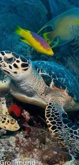 Sea turtle and colorful fish underwater scene with vibrant corals.