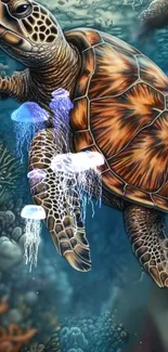 Colorful sea turtle and jellyfish artwork in an underwater scene.