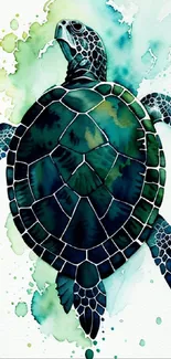 Vibrant watercolor sea turtle painting on mobile wallpaper.