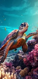 Vibrant sea turtle swimming among colorful coral reefs in underwater scene.