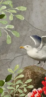 Wallpaper featuring a seagull on a rock with leaves and flowers.