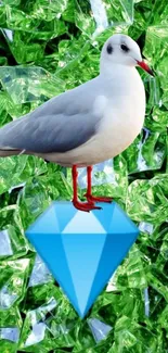 Seagull perched on a blue sapphire amidst emerald green gems.