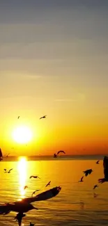 Seagulls flying at sunset over a tranquil sea horizon.