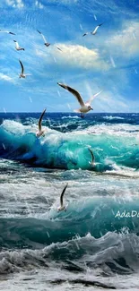 Seagulls soar over vibrant ocean waves.