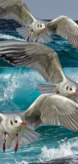 Seagulls flying above vibrant ocean waves, creating a serene and dynamic scene.