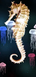 Seahorse surrounded by colorful jellyfish on a dark cyan background.