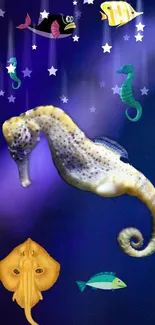 Majestic seahorse in vibrant ocean-themed wallpaper with colorful fish.