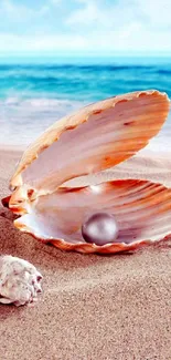 Open seashell with pearl on a sandy beach.