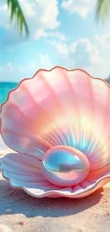 A pink seashell with a pearl on a sunny beach.