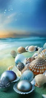 Seashells on a sandy beach at sunrise, with a serene ocean in the background.