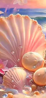 Beach sunset with seashells and ocean waves in a pastel mobile wallpaper.