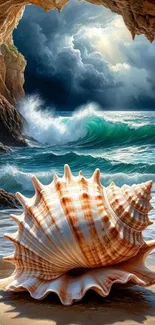 Seashell on beach with ocean waves in background.