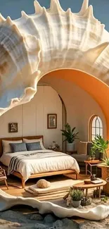 Seashell-themed bedroom with coastal decor.
