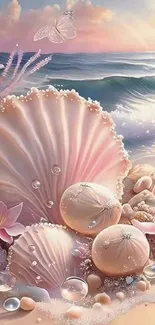 Seashell fantasy wallpaper with beach and butterflies, ideal for phones.