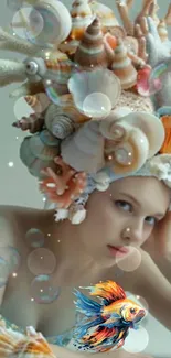 Fantasy artwork of woman with seashell headdress and colorful fish.