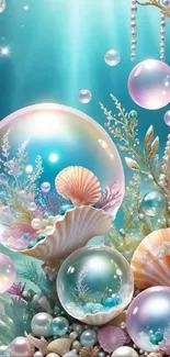 Fantasy ocean wallpaper with shells and bubbles.