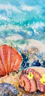 Ocean scene with seashells and starfish in a watercolor design.