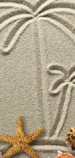 Mobile wallpaper with sand art showing palm trees and seashells.