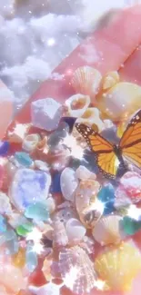 A hand holding colorful seashells with a butterfly and sparkles.