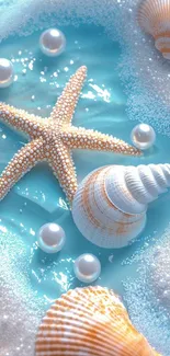 A coastal themed wallpaper with seashells and starfish on a blue ocean background.