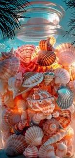 A glass jar filled with colorful seashells on a beach.