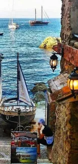 Seaside alleyway with boats anchored on a tranquil ocean.