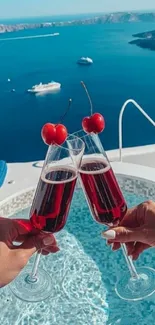 Two glasses clinking by the ocean in a luxurious seaside setting.