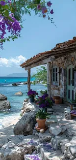 Seaside cottage with ocean and flowers, serene retreat.