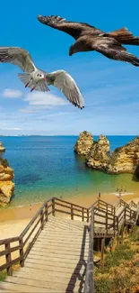 Birds flying over a scenic seaside with cliffs and beach.