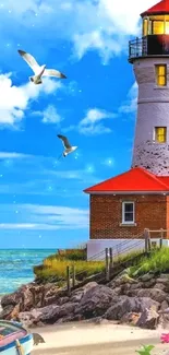 Lighthouse with blue sky and seagulls by the sea, with flowers in the foreground.