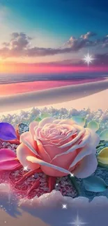 Pastel rose on beach at sunset with colorful sky and ocean view.