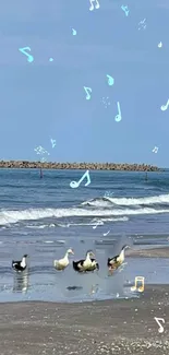 Peaceful seaside with seagulls and musical notes against a blue ocean backdrop.