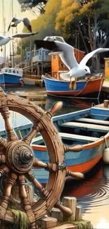 Vibrant coastal wallpaper with boats and seagulls.