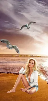 Woman at sunset beach with seagulls in a serene mobile wallpaper.