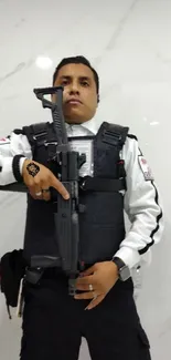 Security guard in uniform standing in a marble hallway.