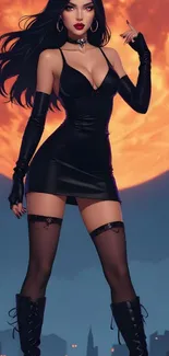 Dark-haired figure in black dress with dramatic moonlit background.