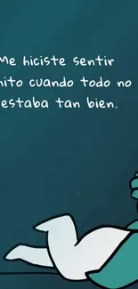 Cartoon character with heartfelt message on teal background.