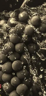 Sepia-toned grapes with water splash effect mobile wallpaper.