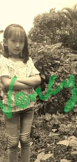 Sepia portrait of a girl with green text in a garden setting.