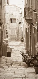 Sepia-toned vintage alleyway view with stone pathway.