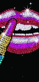 Vibrant sequined lips with rainbow lipstick design on black background.