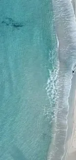 Aerial view of beach with turquoise waves and sandy shore, perfect for phone wallpaper.