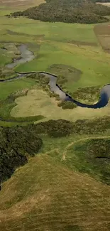 Aerial view of winding river on lush green landscape.