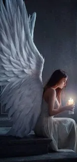 Serene angel holding a candle in a dark, calming ambiance.