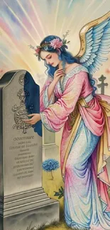 Beautiful angel at a cemetery in pastel hues.