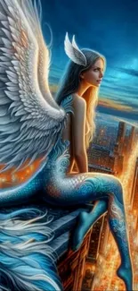 Angelic figure with wings overlooking a glowing nighttime cityscape.