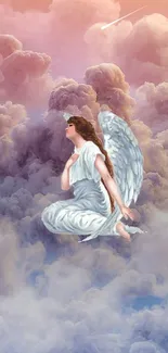 Angel figure resting in colorful cloudscape wallpaper.