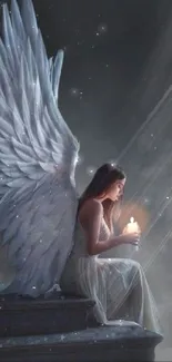 Angel with luminous wings holding a glowing candle in a serene, dark setting.