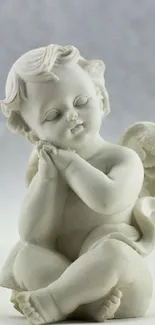 Serene angel statue mobile wallpaper in soft light gray tones.