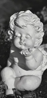 Monochrome angel statue surrounded by leaves in grayscale.